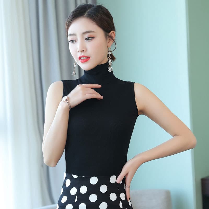 Summer New Women's High Collar Sleeveless Tank Top Black Base Layer Shirt Outerwear Cotton Hollow Out Design Regular Length