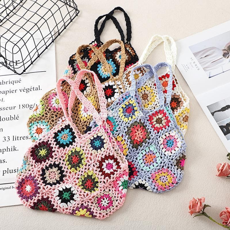 Granny Square Handmade Crochet Woven Yarn Wrist Bag Casual Travel Vintage Hollow Out Bag