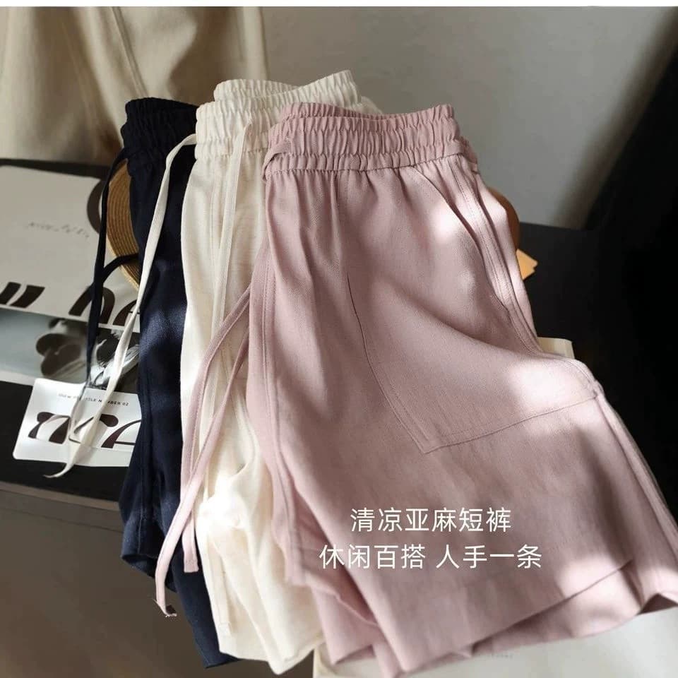 Japanese Commute Simple Cool Linen Thin Drape Wrinkle-Resistant Elastic High-Waist Loose Wide-Leg A-Line Casual Shorts