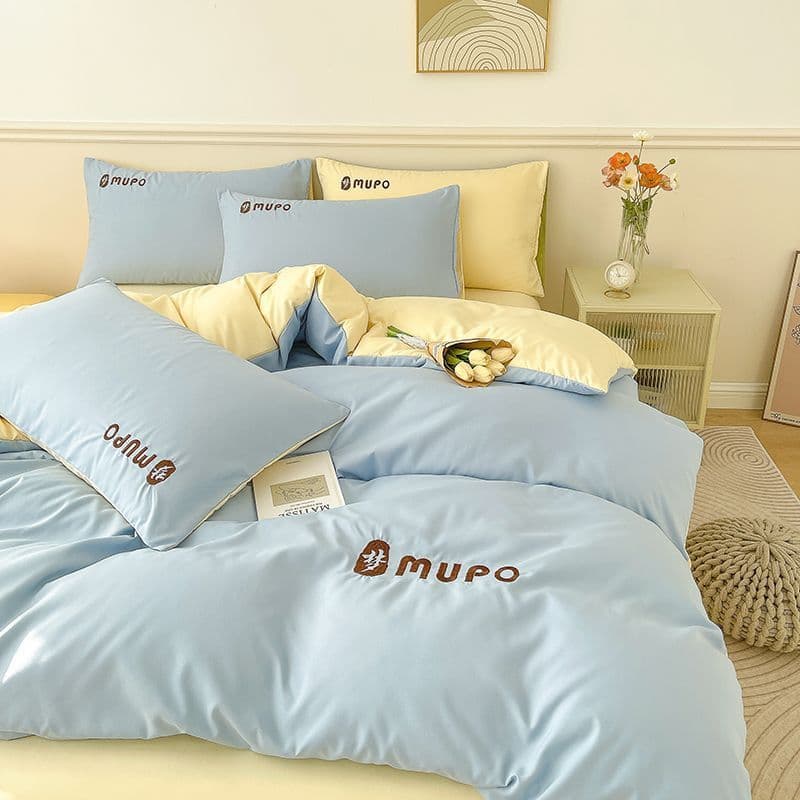 Solid Color Minimalist Four-Piece Set, Washed Cotton Feel Duvet Cover Sheet Fitted Sheet Dormitory Three-Piece Set Bedding Cross-Border Trade