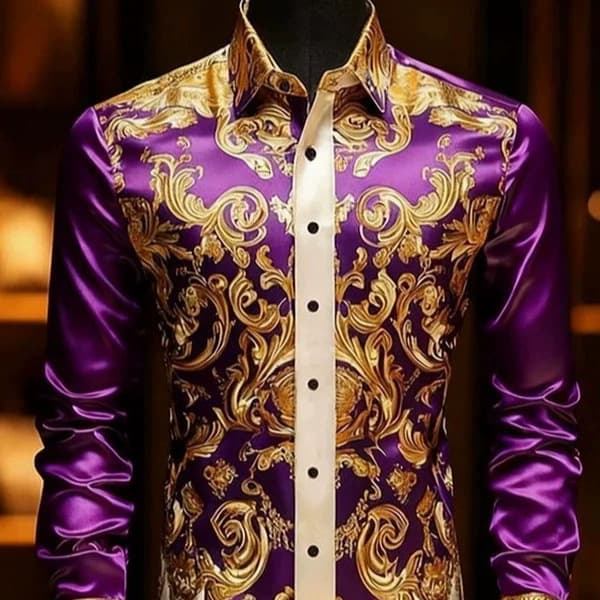 Cross-border independent site Temu men's baroque gold premium patterned long-sleeve shirt cardigan satin shirt wholesale