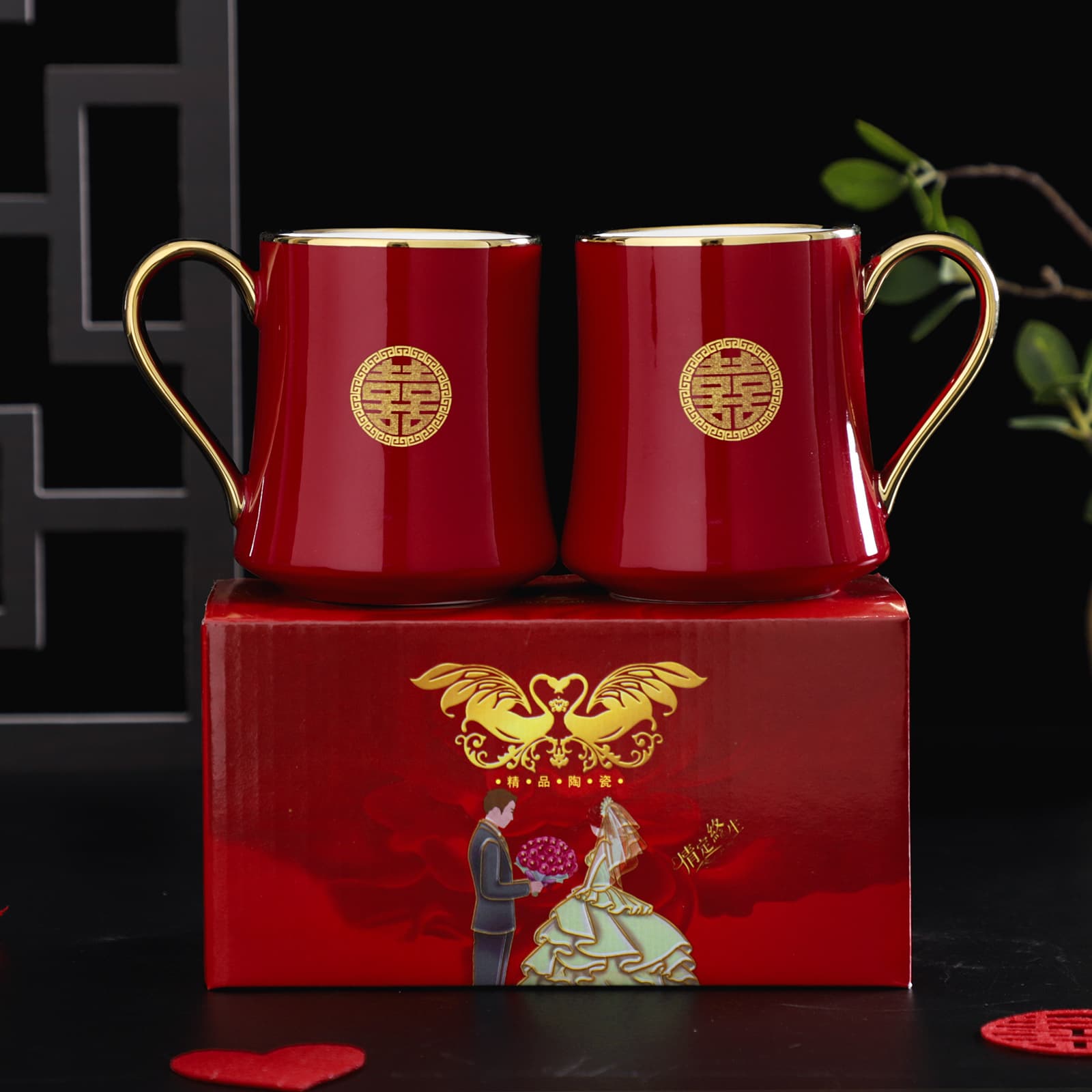 Yazi Newlywed Tea Cups, Red Ceramic Embossed Carved Wedding Cups, Engagement Return Gift Set Wholesale