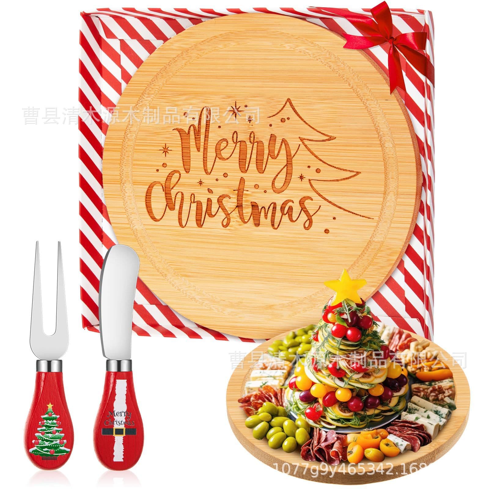 Wooden Christmas Tray with Knife, Double-Sided Holiday Christmas Cheese Charcuterie and Snack Tray for Family Gatherings and Outdoor Use
