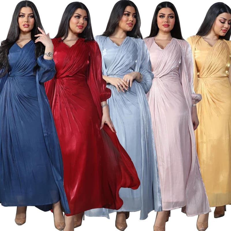 MQ056 2026 Summer New Cross-Border Modest Shiny Silk Long Dress Fashion Soft Solid Two-Piece Set