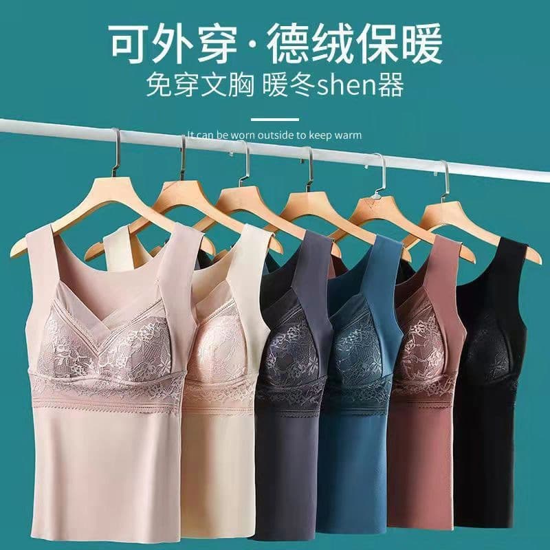 Hot-Selling Autumn/Winter Velvet Thermal Vest, Plus Size Seamless Self-Heating Bra Lace Base Layer with Bra Pads