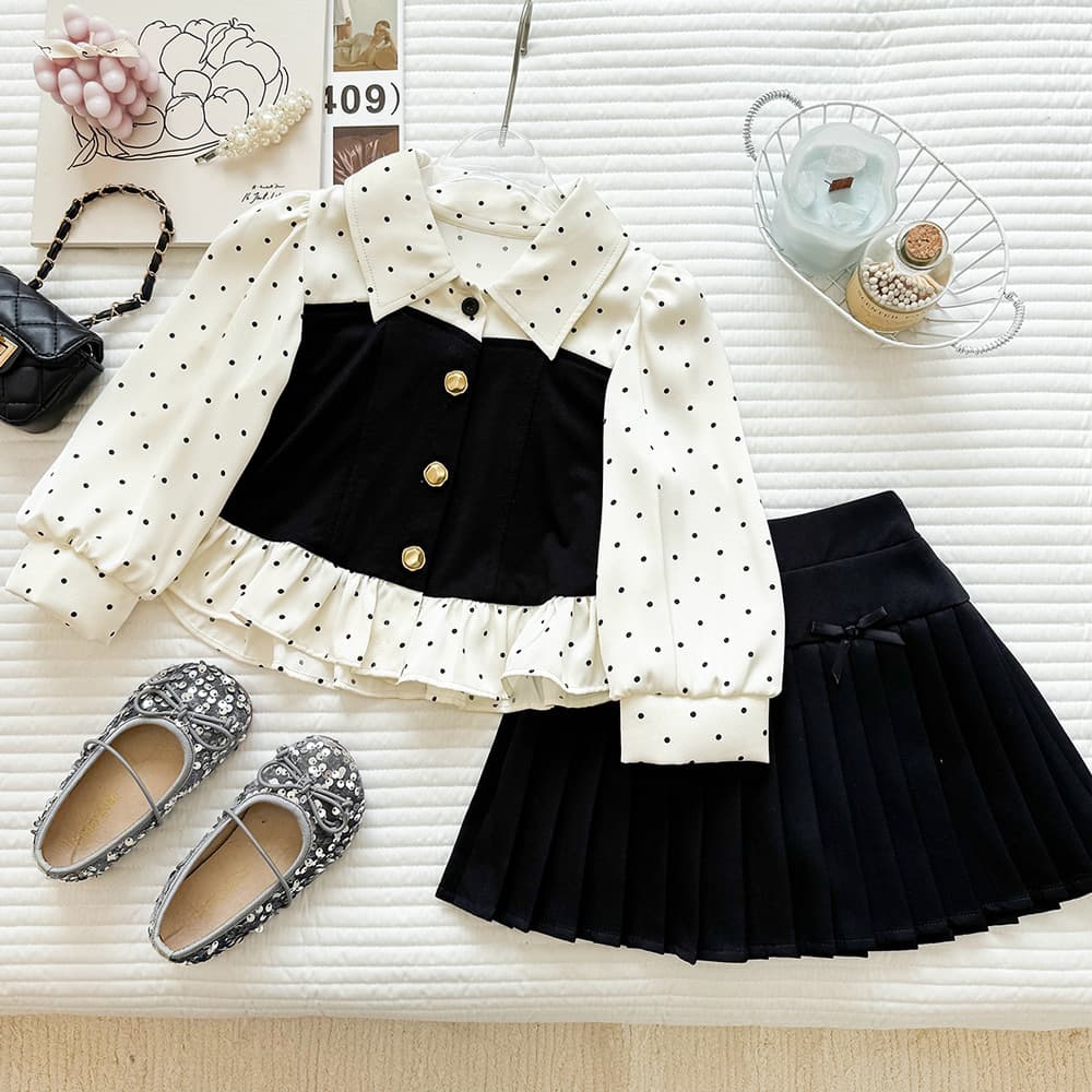 Girls Fashionable Design Shirt Set 2026 Spring New Children's Polka Dot Top and Skirt Two-piece Set