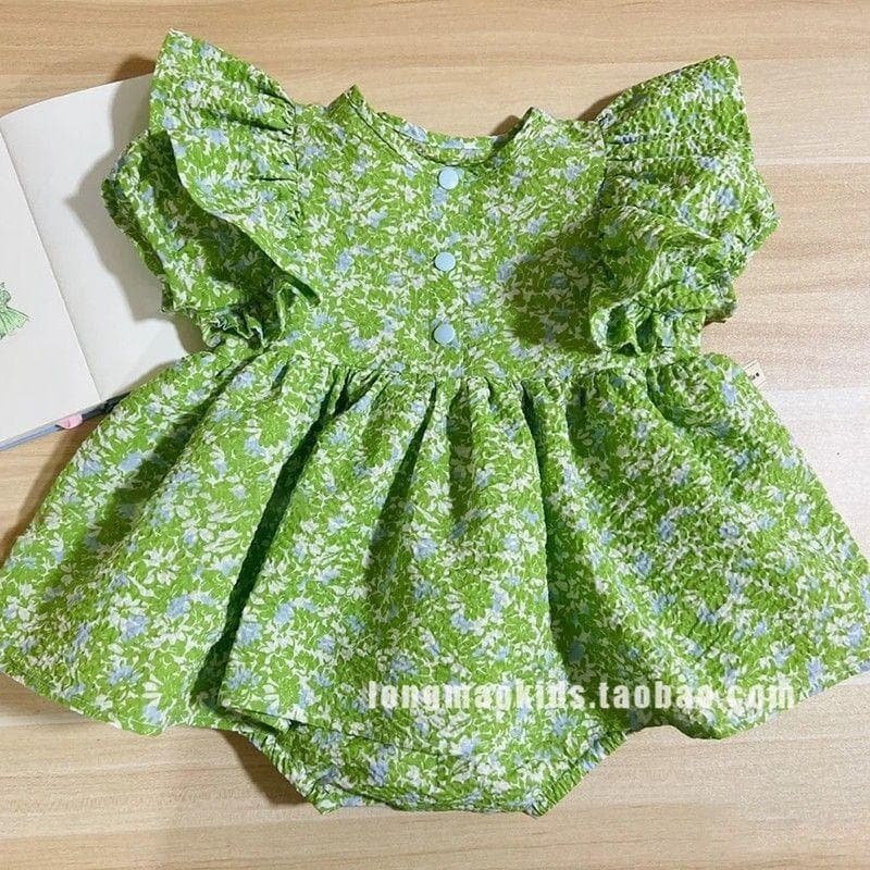 Ins Style Baby Bodysuit Dress Green Ruffled Floral Print Baby Girls Summer Korean Baby Romper Thin