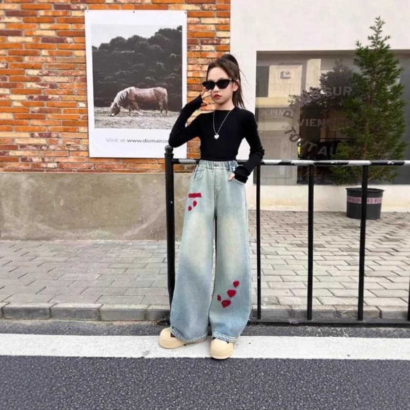 2025 Girls' Pants Spring/Autumn Loose Casual Wide-Leg Long Jeans Cute Kids Cartoon Pattern