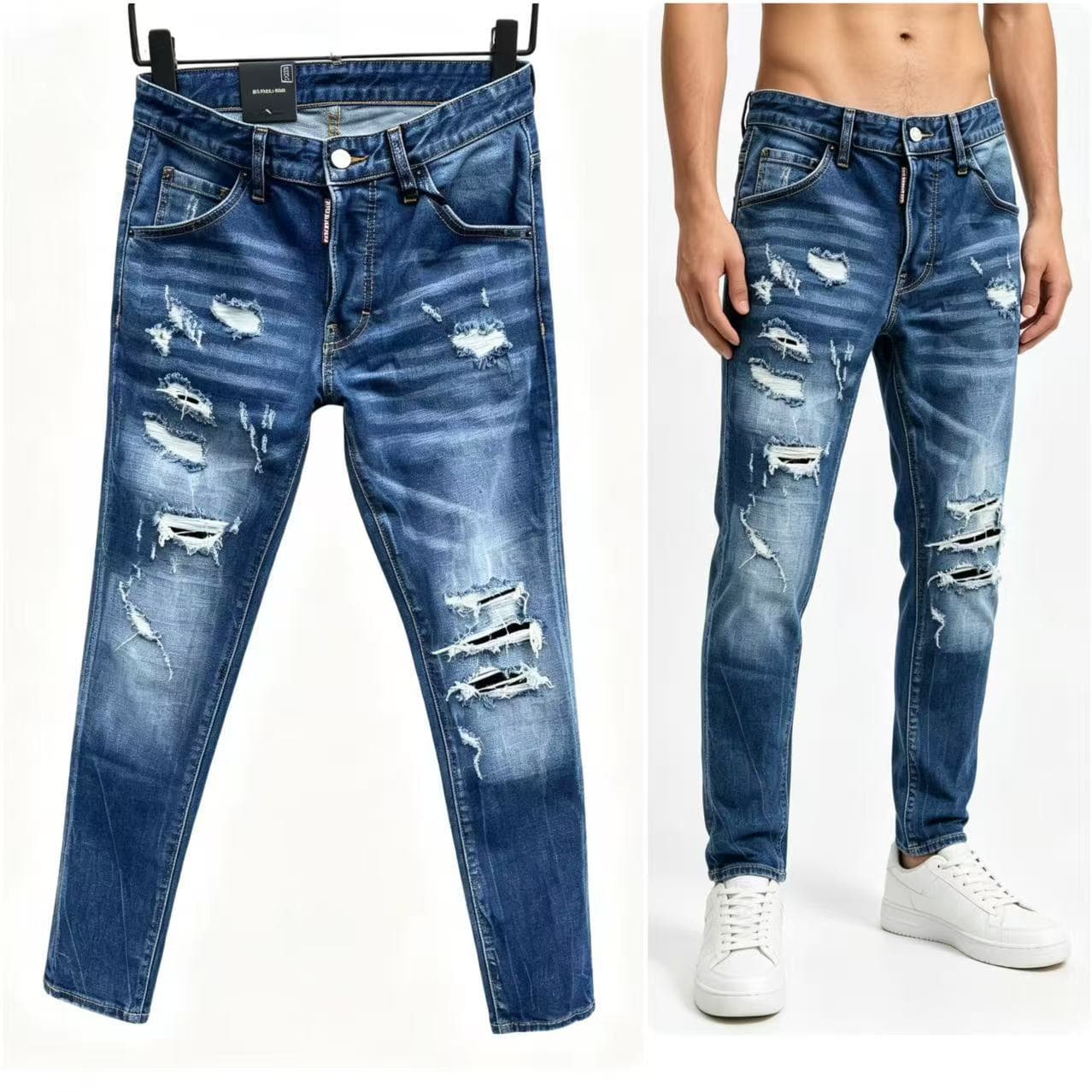 New Korean Style D2 Jeans for Men Blue Washed Ripped Patch Fashion Slim Fit Basic Skinny Pants