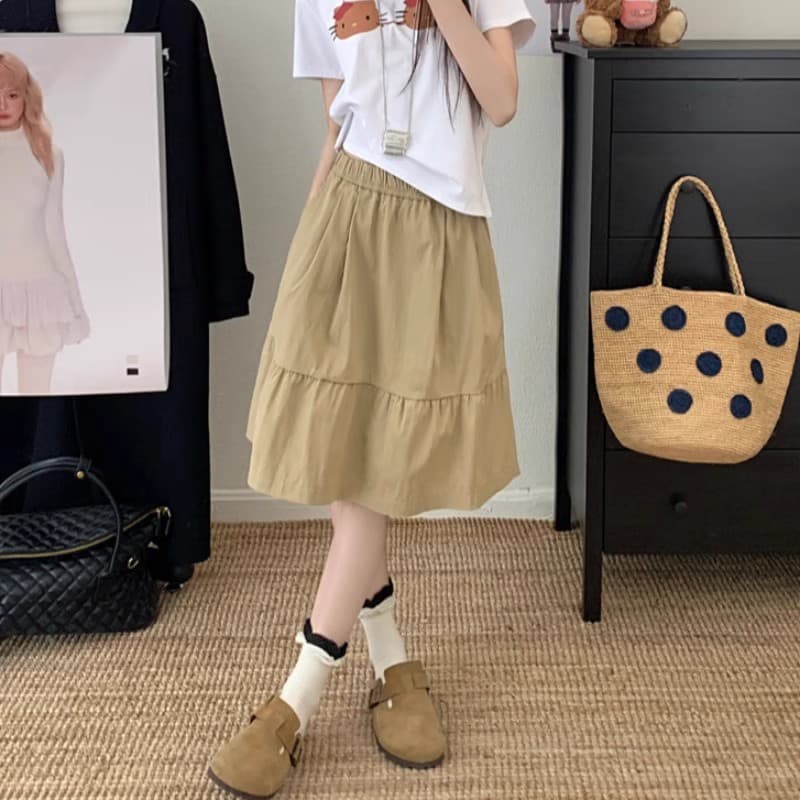 Retro khaki miu mid skirt women's summer style lazy and versatile loose slimming puffy skirt A-line umbrella skirt