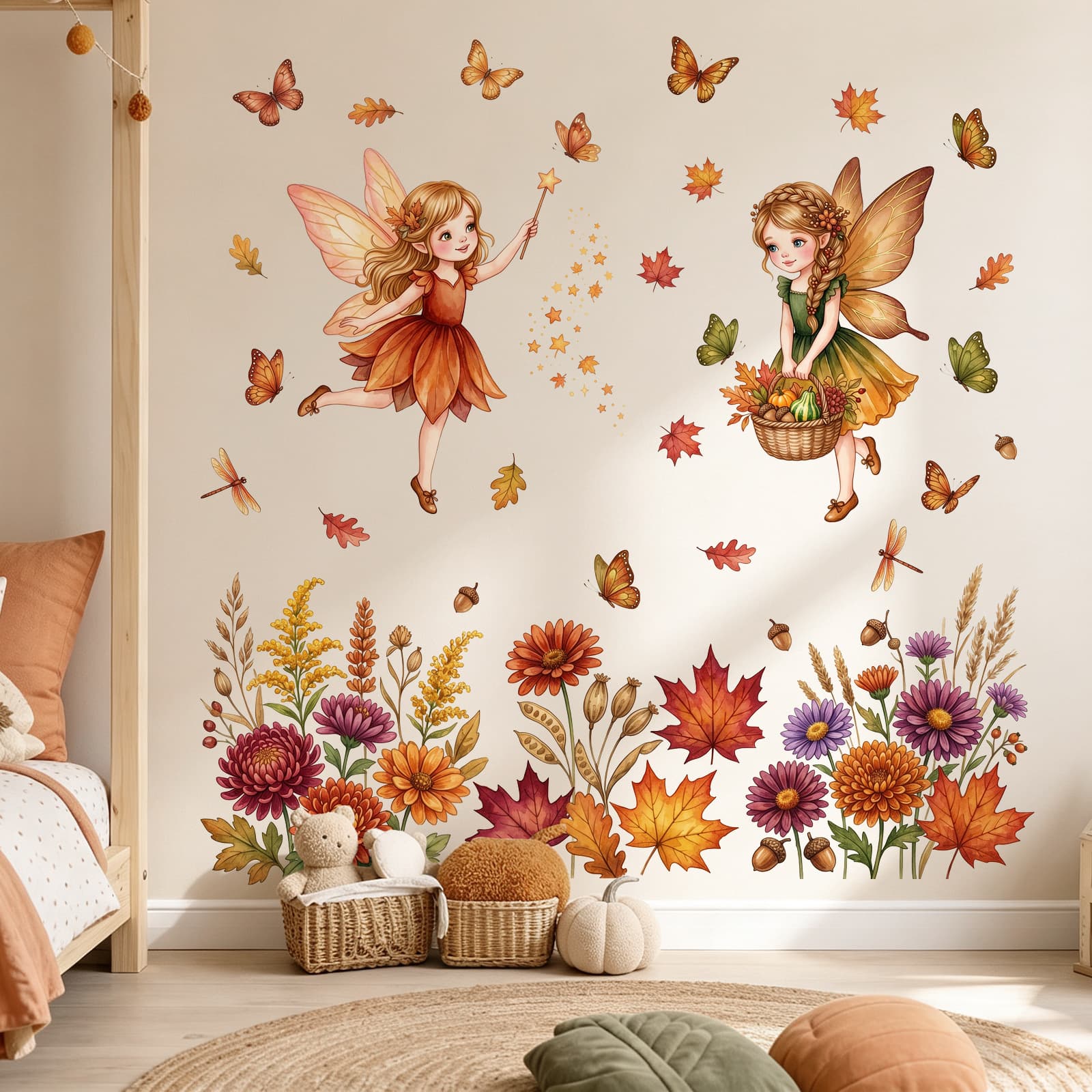 M19131 Autumn Flower Butterfly Elf Wall Sticker Living Room Bedroom Home Background Wall Decoration Self-Adhesive Wall Sticker