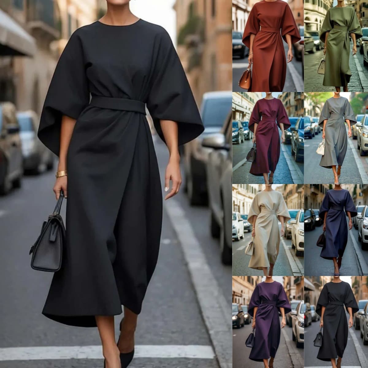 2025 Women's Cross-Border European and American Fashion Elegant Solid Color Waist Dress Casual Batwing Sleeve Long Dress