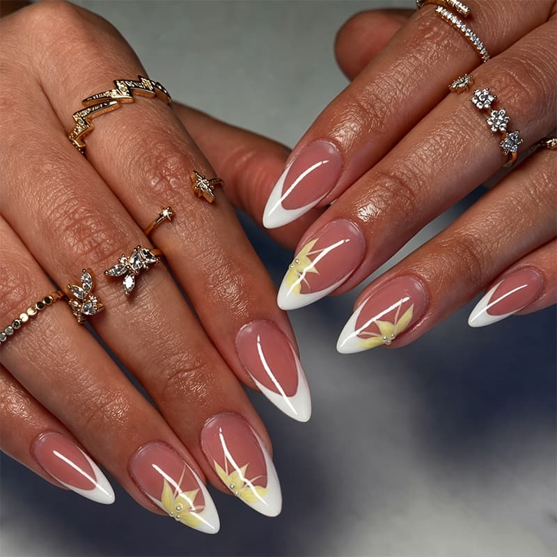 Medium Almond Nails Classic White French Tips Yellow Flower Pearl Press-On Nails 24 Pieces Removable Manicure