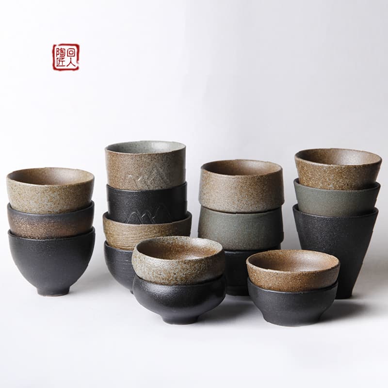 Japanese-style coarse ceramic small teacup, Gongfu tea set tasting cup, small bowl cup, vintage handmade ceramic tea cup, single ceramic cup