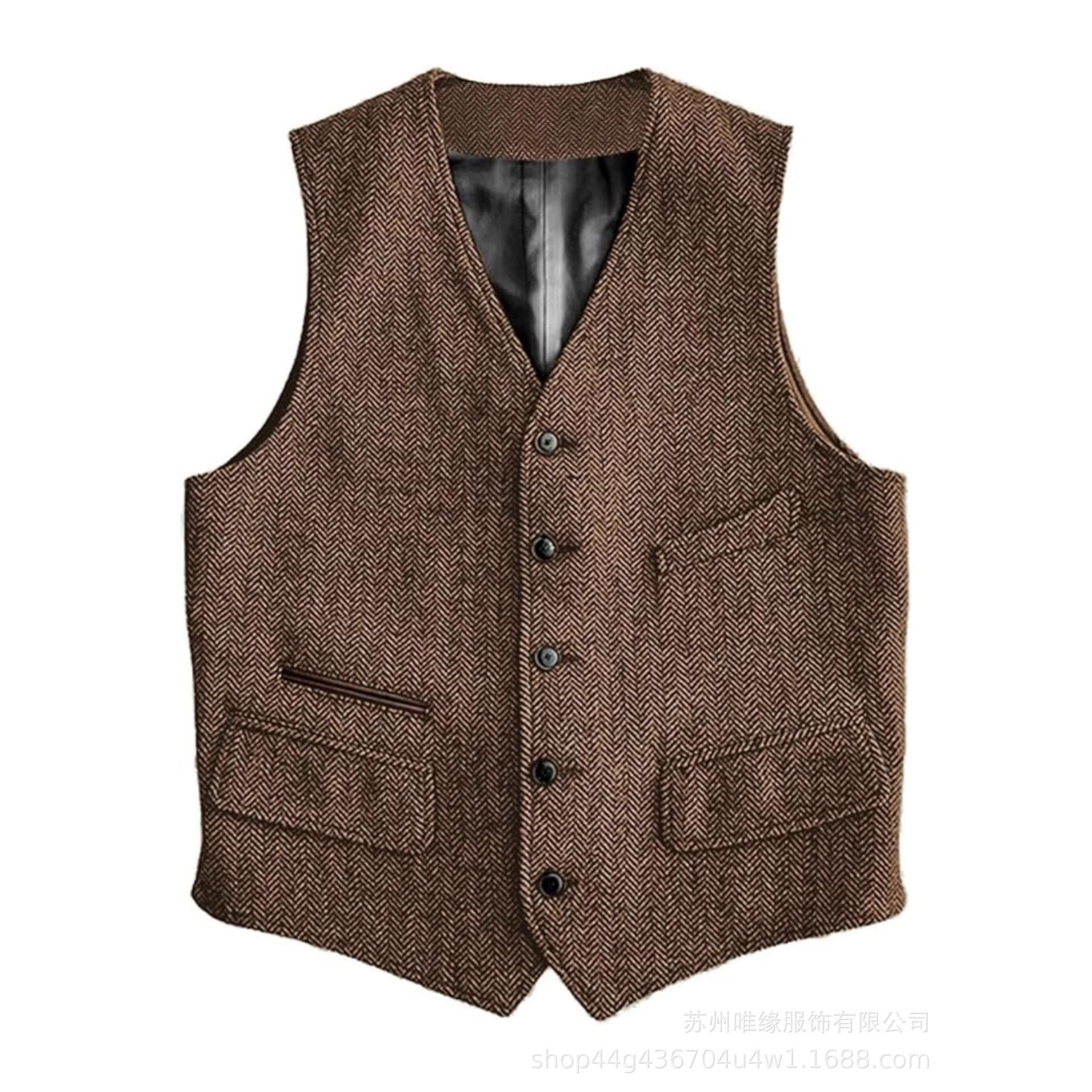 Retro Men's Herringbone Slim Fit Vest Single-Breasted Business Casual Motorcycle Punk Cross-Border Foreign Trade Vest Jacket