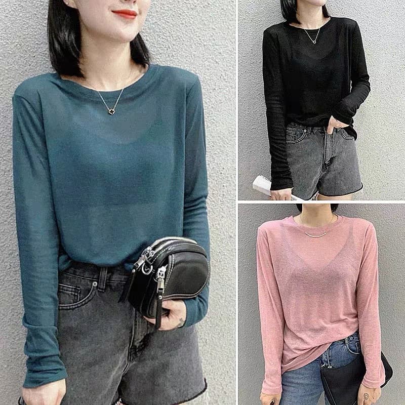Lyocell Tencel Base Layer Crew Neck Thin Long Sleeve T-Shirt, Elegant Style, Loose Fit, Solid Color, Face Mask Top for Women