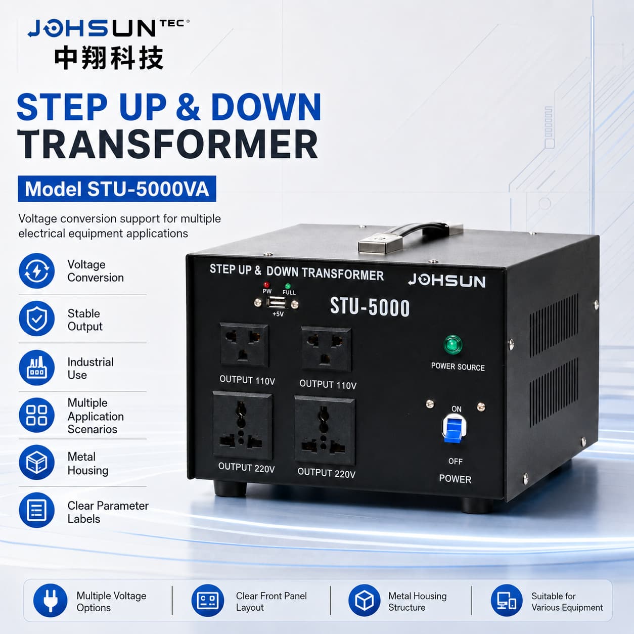 STU-5000VA Step Up/Down Transformer 110V to 220V Voltage Converter for Europe, USA, Japan, Taiwan 220V to 110V