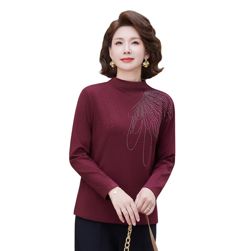 Middle-Aged and Elderly Women's Autumn/Winter Fleece-Lined Thickened Warm Slimming Fashion Solid Color with Rhinestone Base Layer T-Shirt