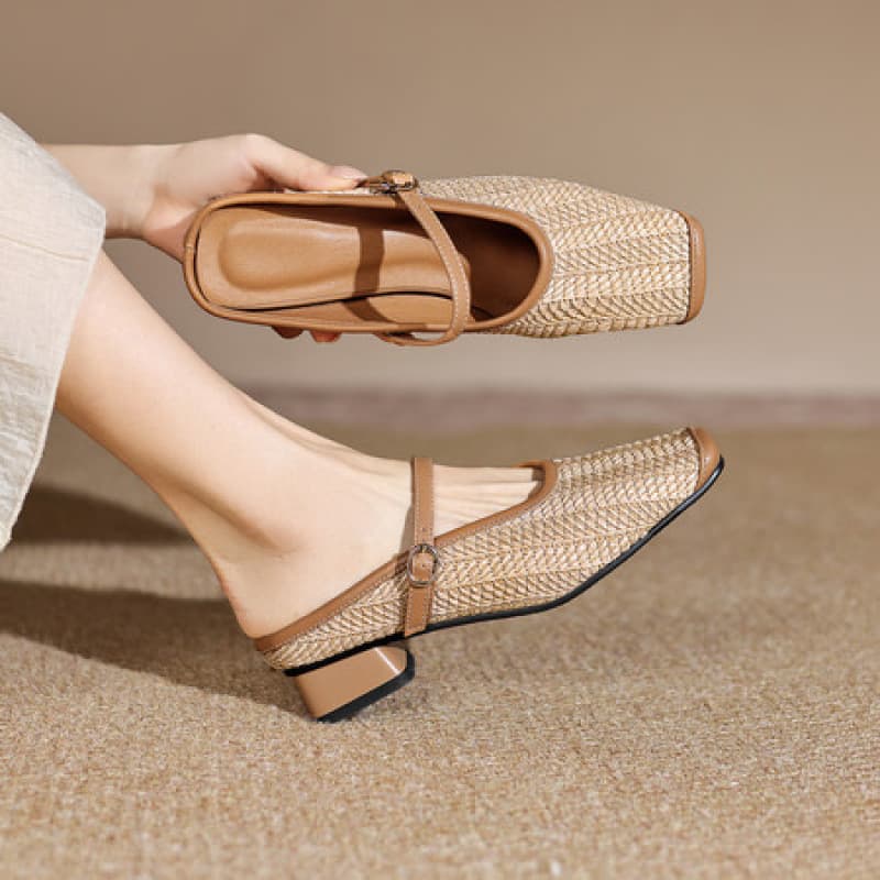Chiang Mai Style Slippers~3cm Lazy Shoes Vacation Style Buckle Woven Beach Sandals for Women Closed-Toe Half Slippers Sandals