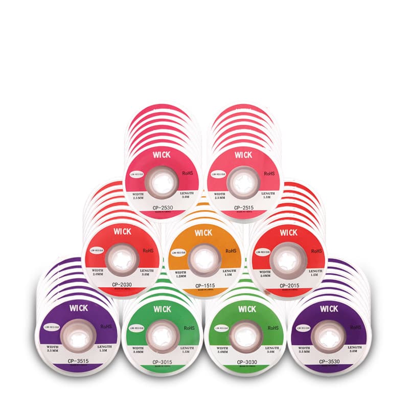 Solder absorber wire removes solder wire, leaving minimal residue and requiring no cleaning. Repair tools include solder remover strips and desoldering strips.