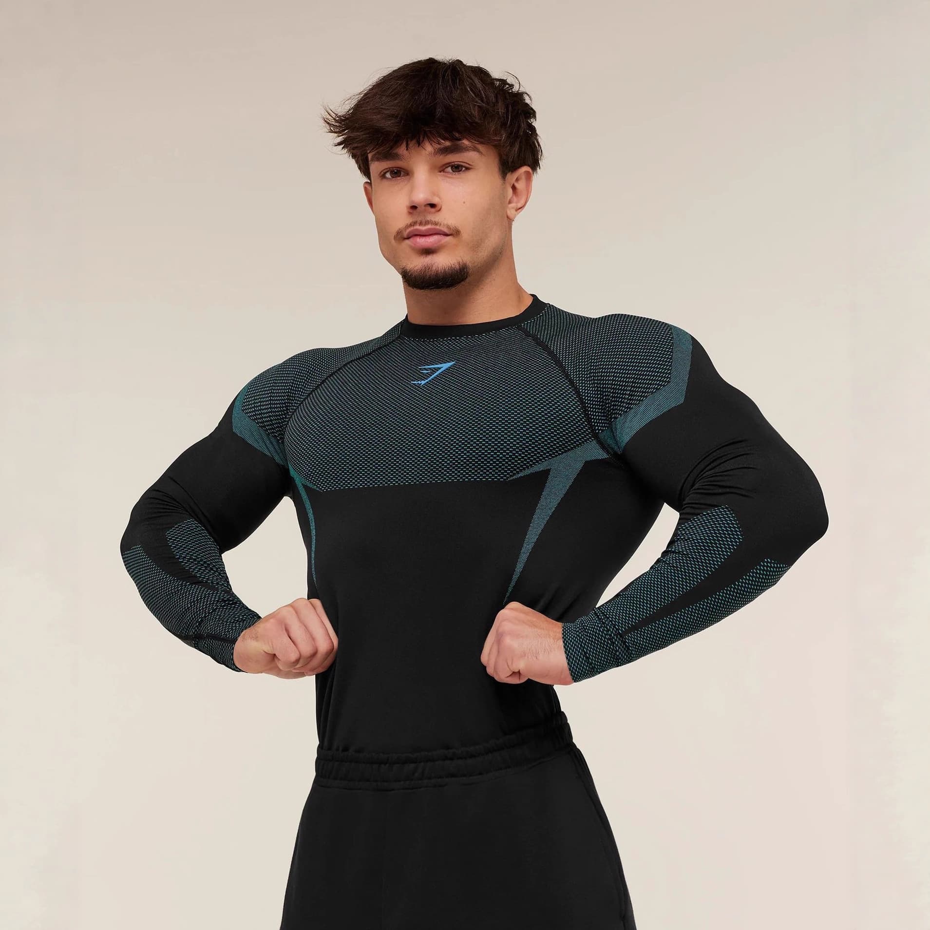 GYMSHARK Men's Long Sleeve Workout Quick-Dry Breathable Stretch Round Neck T-Shirt Casual Tight Training Top