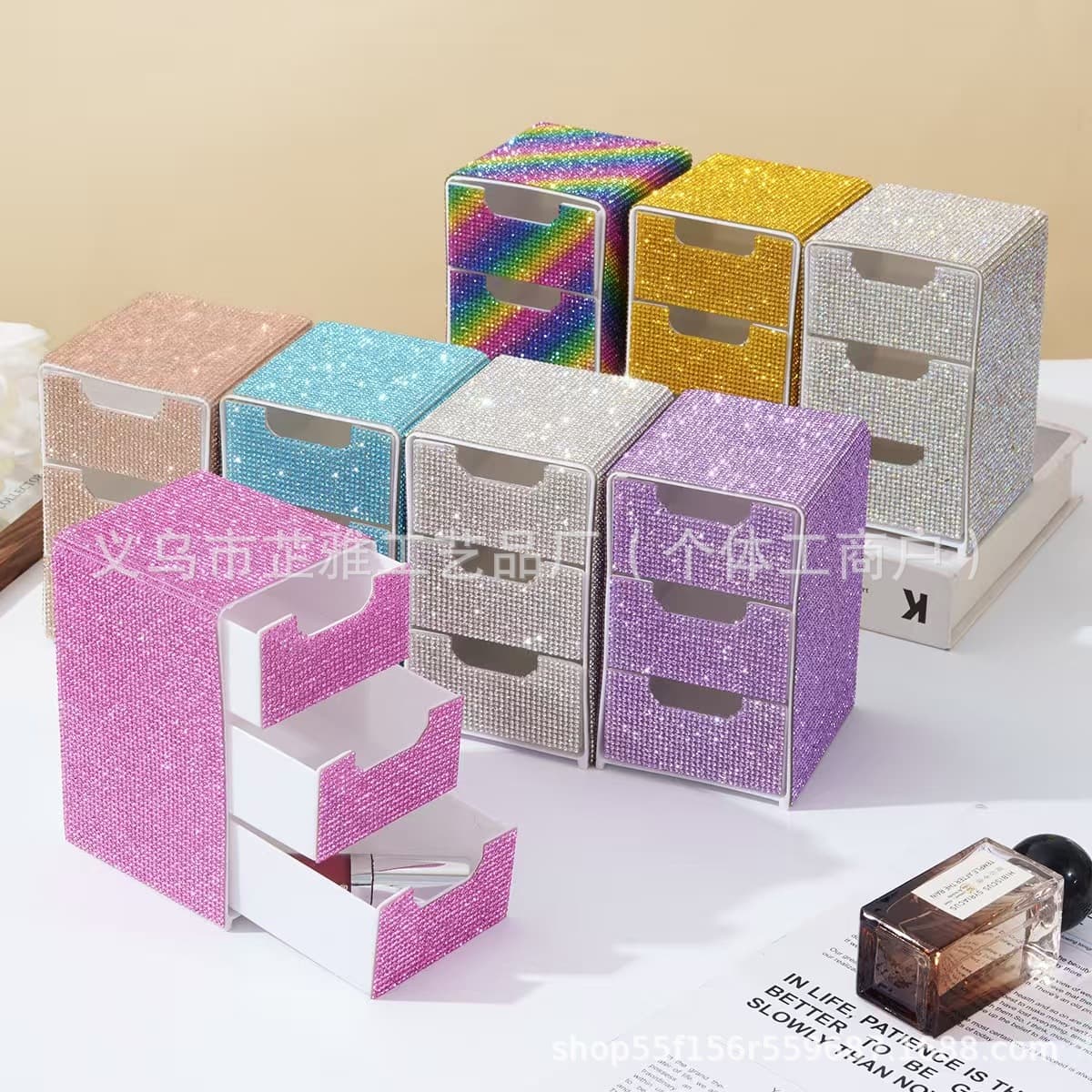 Cross-border Rhinestone Three-layer Drawer Storage Box High-end Desktop Organizer for Jewelry and Cosmetics
