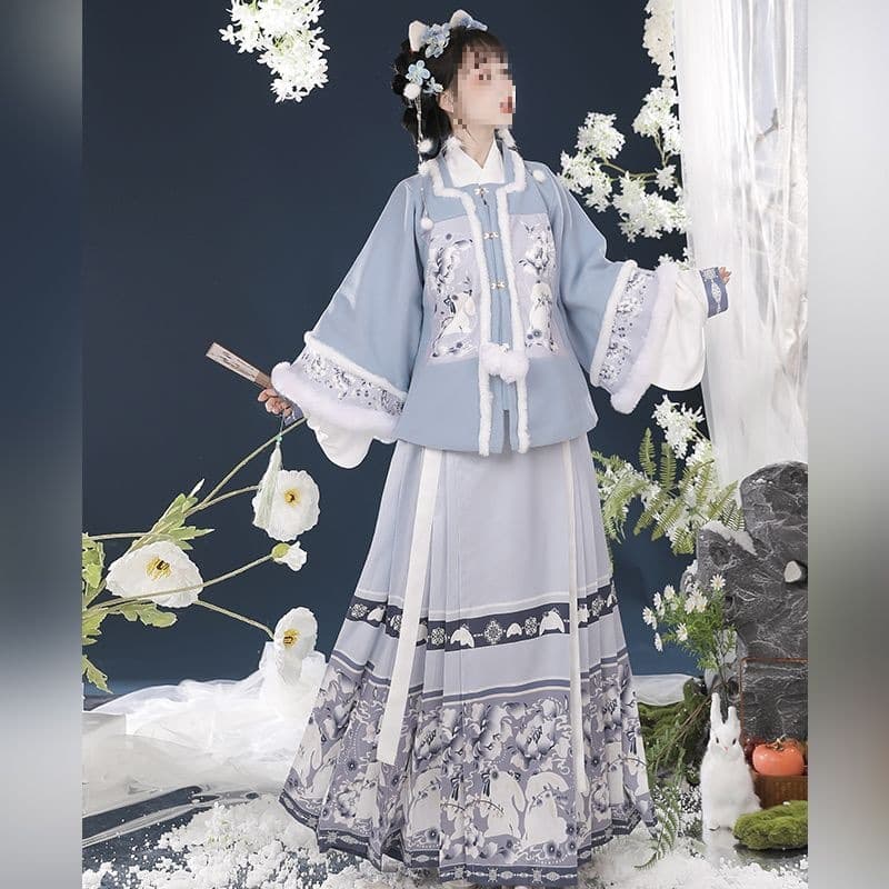 Original [Snow Jade Rabbit] Ming Dynasty Hanfu Women's Square Collar BuFu Half Sleeve Horse-Face Skirt New Year Greetings Autumn Winter Fleece-Lined