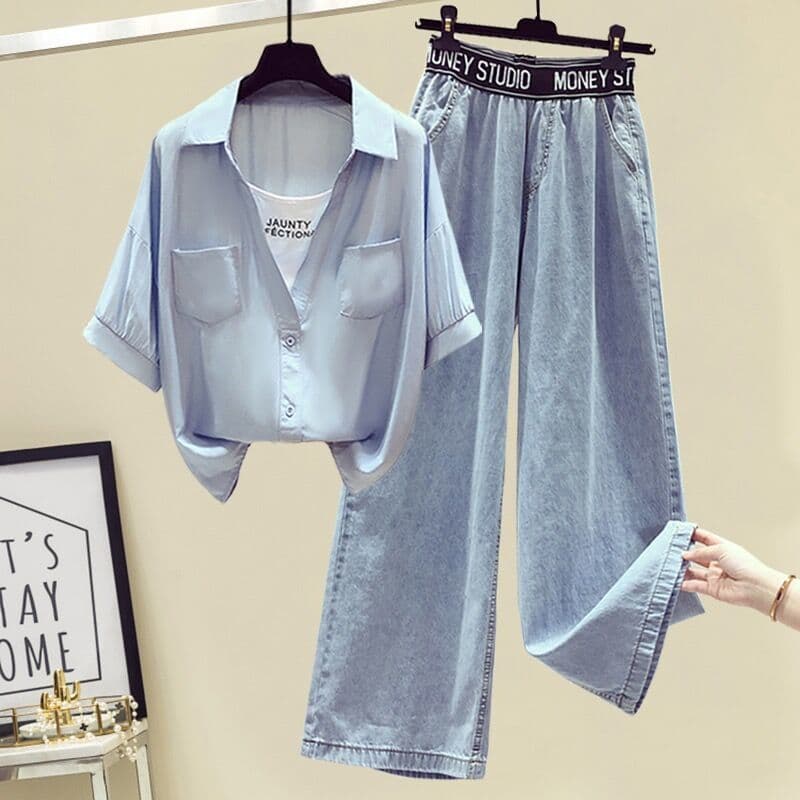 Small suit for women 2025 summer fashionable and versatile Hong Kong style short-sleeved shirt and wide-leg jeans two-piece set