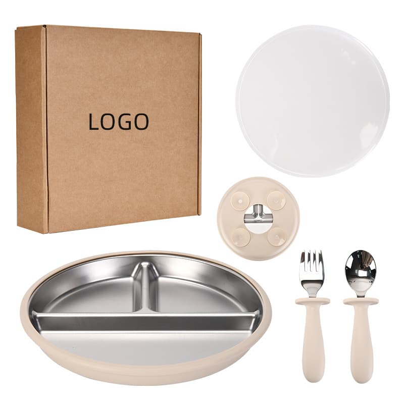 Cross-border Baby Stainless Steel Divided Plate Kids Eating Fork and Spoon Set 20CM Anti-Drop Silicone Suction Base
