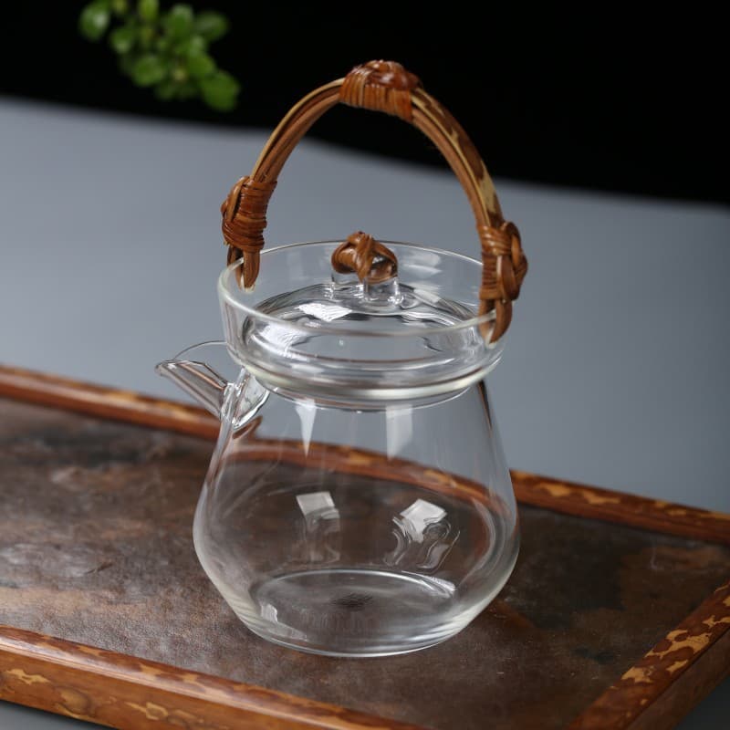Bamboo Wood Handle Teapot for Boiling Tea, Glass Teapot with Meifei Bamboo Handle, Glass Pitcher with Rattan Handle, Wholesale