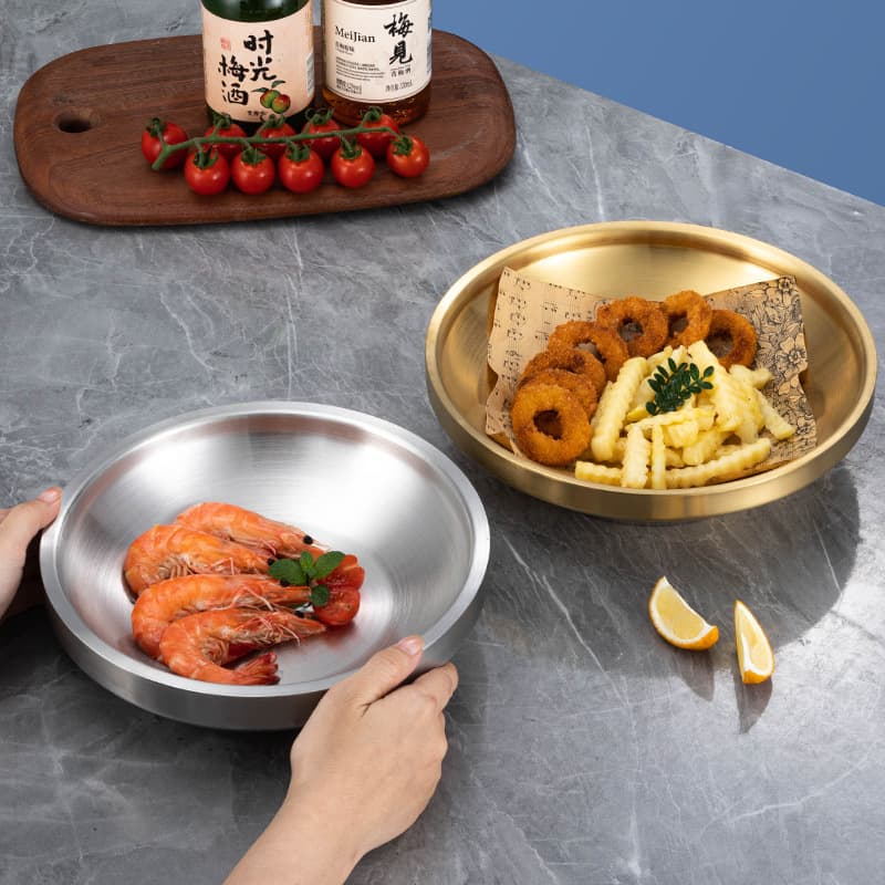 Stainless Steel Double-Layer V-Shaped Deep Dish, Anti-Scald Round Plate, Beef Tray, Thickened Vegetable Plate, Western Food Plate, Roast Meat Plate, Fruit Plate