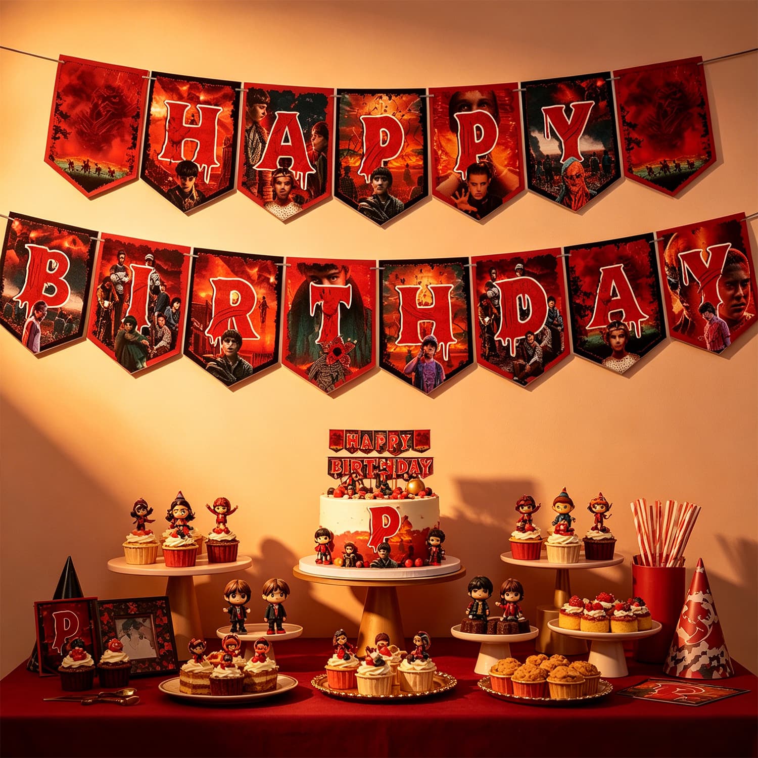 Amazon New Stranger Things 5 Theme Kids Birthday Party Decoration Banner Paper Bunting Background Wall Hanging