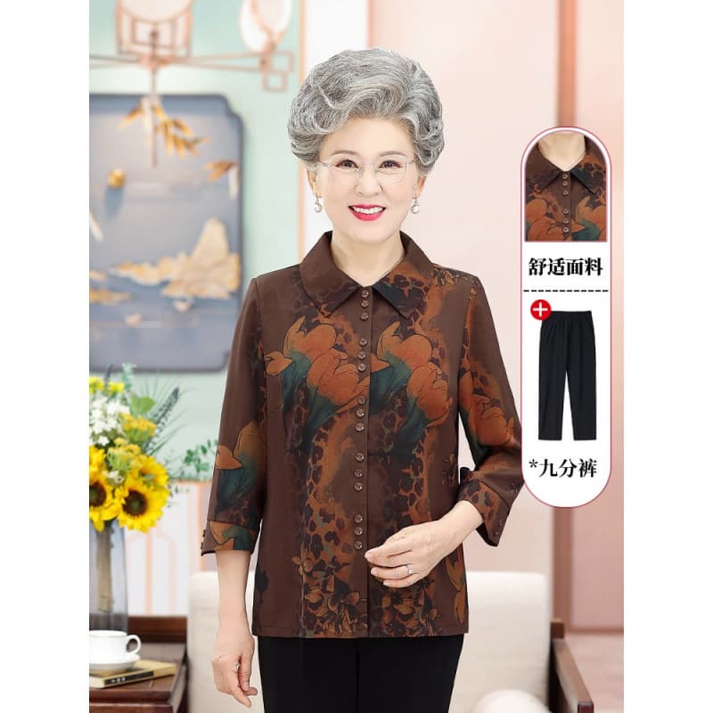 Elderly summer women's shirts long-sleeved fashionable grandma suits old ladies and elderly clothes middle-aged and elderly mother's shirts