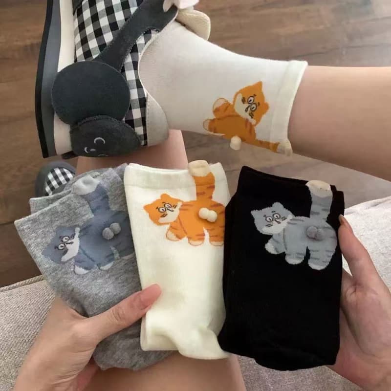 Cartoon Cat Socks for Women, Mid-Calf, Ins Style, Spring/Autumn Cotton Socks, Cute Animal Accessories, Summer Long Socks