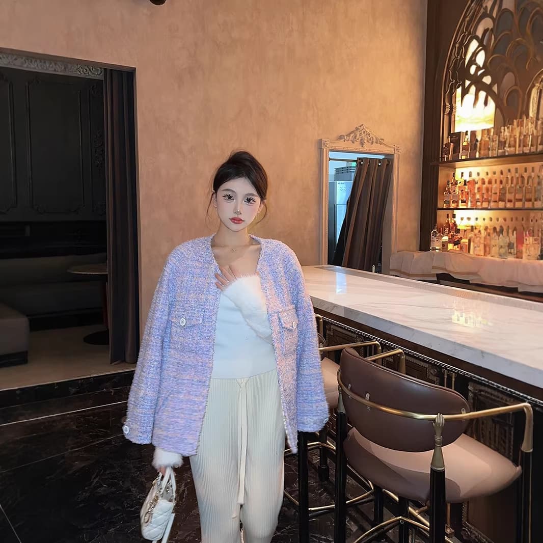 Original development! Shenzhen Nanyou Purple Butterfly Color Matching Round Neck Fragrance Jacket Top Female Socialite Style Slim Short Jacket
