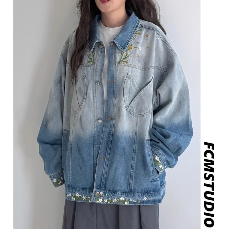American retro trendy brand denim jacket for women, autumn literary loose floral embroidery gradient design jacket top