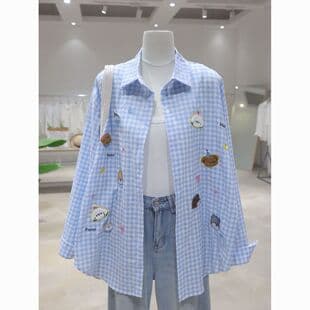 Fun Embroidery Lapel Plaid Long Sleeve Sun Protection Shirt Women Spring/Summer New Loose Casual Relaxed Fit Shirt