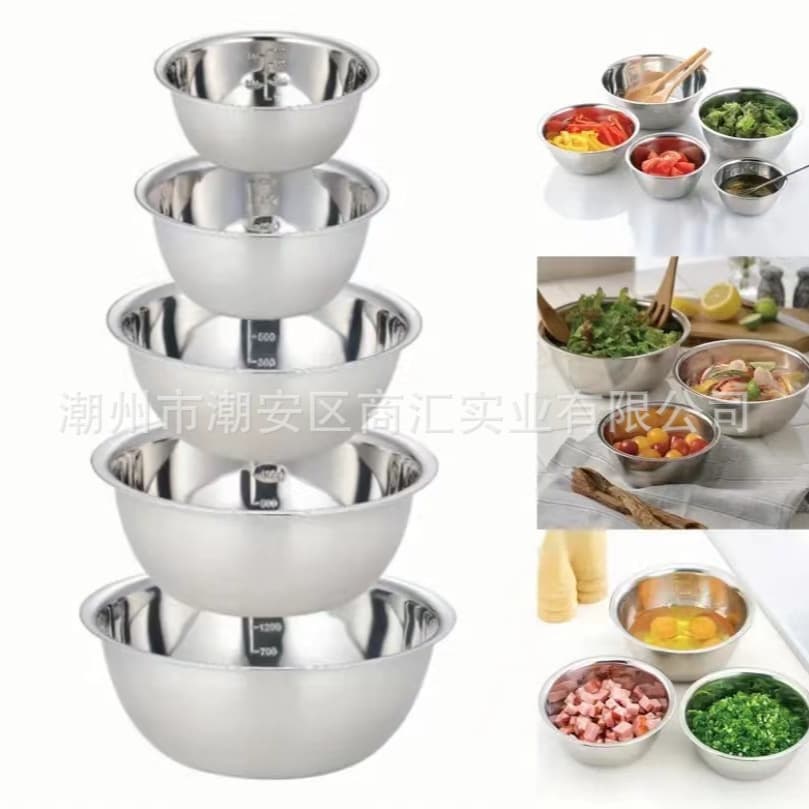 Drop Shipping Stainless Steel Multipurpose Large Bowl Set with Measurements for Vegetable Washing, Seasoning, and Soup