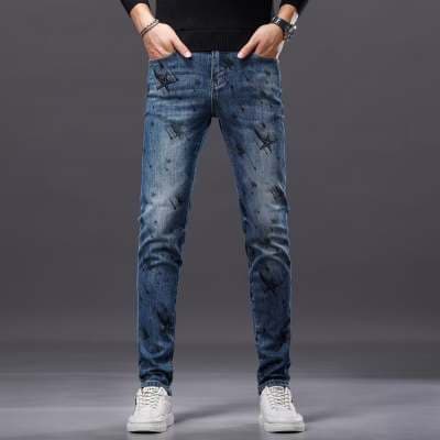 Spring and Autumn Men's Handsome Aqua Blue Jeans Distressed Hip-Hop Hong Kong Style Star Straight Pants Casual Versatile Straight Pants