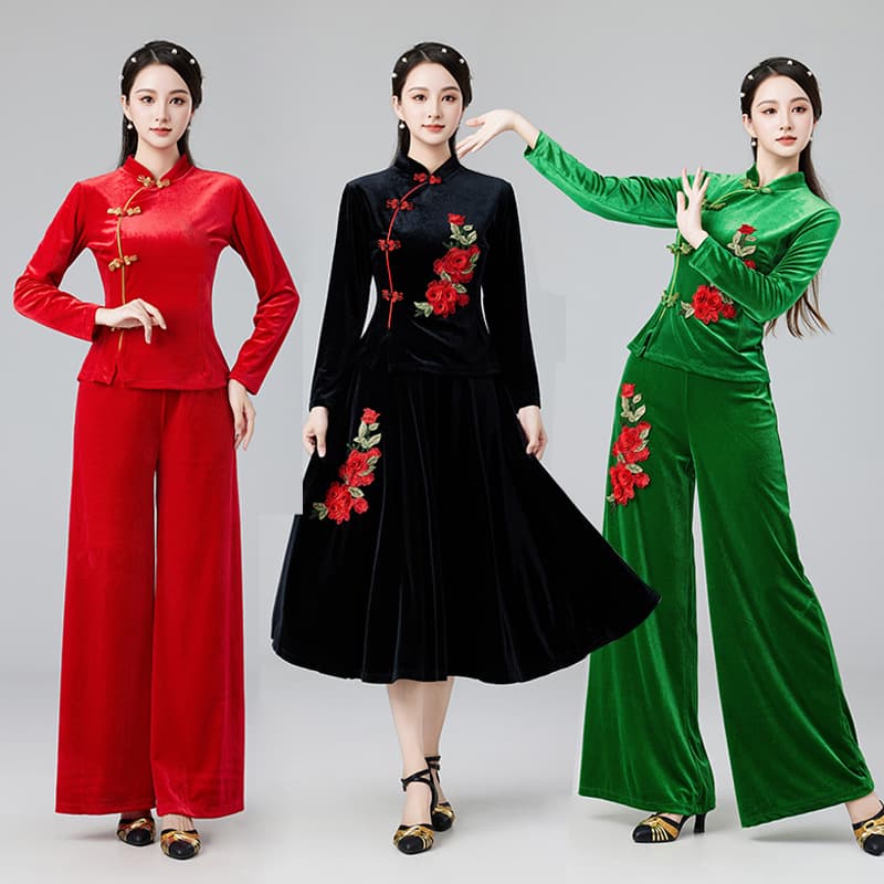 Cheongsam Collar Square Dance Clothing New Set Autumn Winter Velvet Performance Costume Women Large Flare Skirt Wide-Leg Pants Dance Outfit
