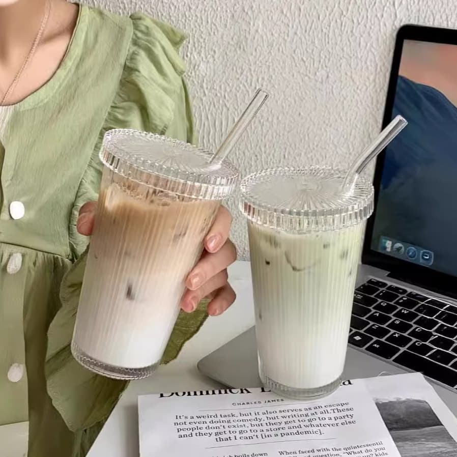 Ins Style Vertical Ribbed Glass Cup with Lid and Straw, Office and Home Water Cup, Summer Coffee Cup, Gift Cup