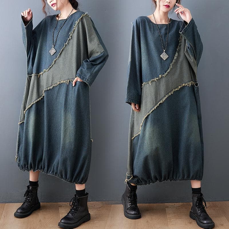 Contrast color splicing denim dress women's spring and autumn new fat MM raw edge loose mid-length skirt