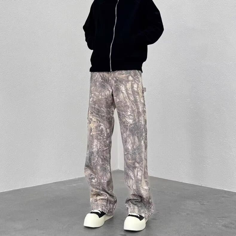Cross-Border Manufacturer Direct Sales Washed New Camouflage Pants with Tree Branches, Men's American-Style Distressed Wide-Leg Loose Straight-Leg Jeans