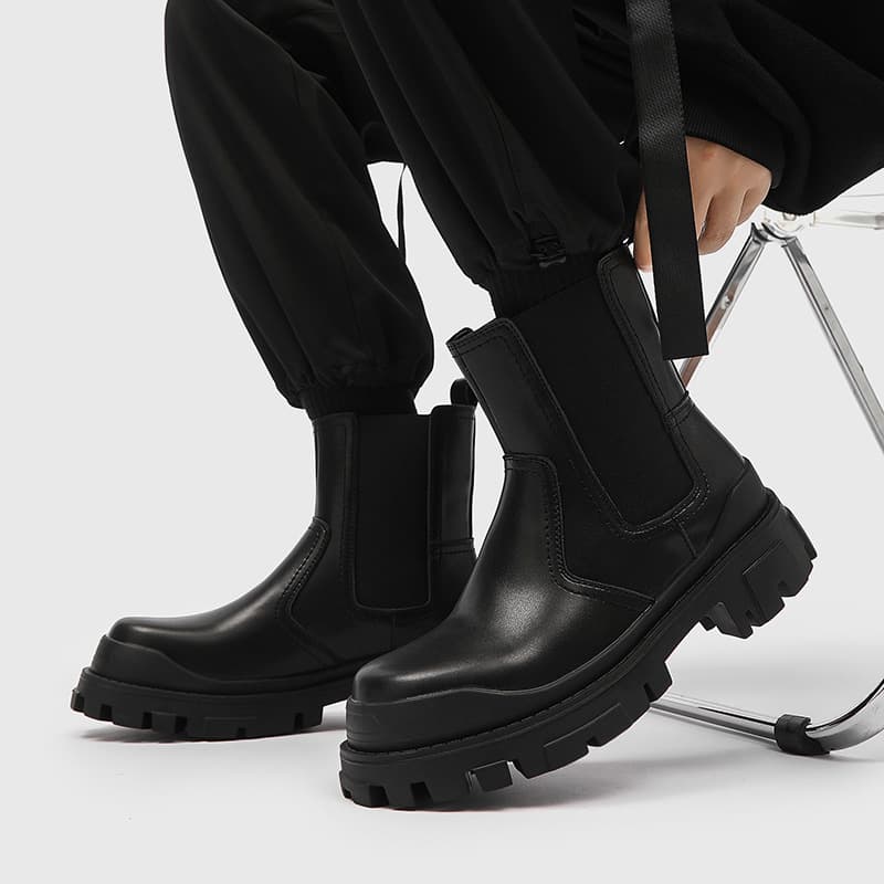 British Style Black Premium Chelsea Boots Men's Trendy Paris Thick Sole Martin Boots Height-Increasing Genuine Leather Mid-Top Stacked Boots
