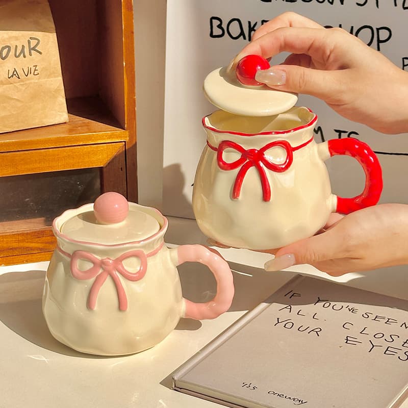 Girls' Heart Birthday Gift High-Appearance Cute Bow Ceramic Mug for Women Practical Party Favor Gift Box Set