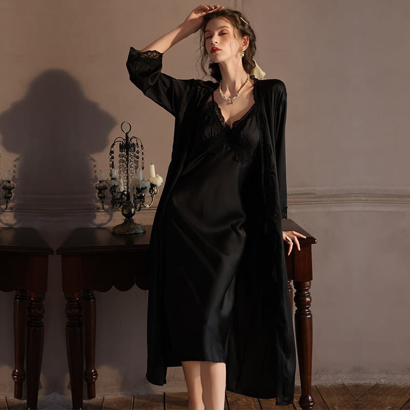 Cross-border long two-piece suit, women's sexy pajamas, strappy nightgown, spring and autumn ice silk long skirt, lace nightgown, home wear