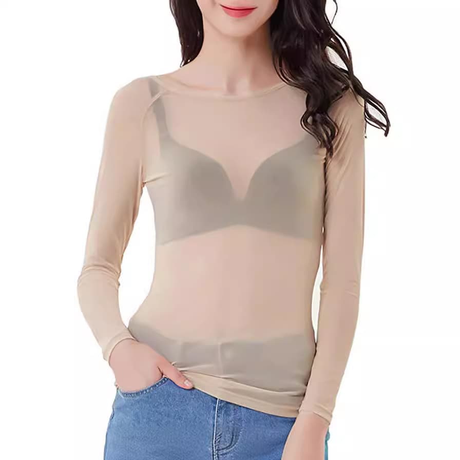 Spring Autumn New Black Sheer Mesh Base Layer Top for Women Long Sleeve Sexy Thin Stretchy Top