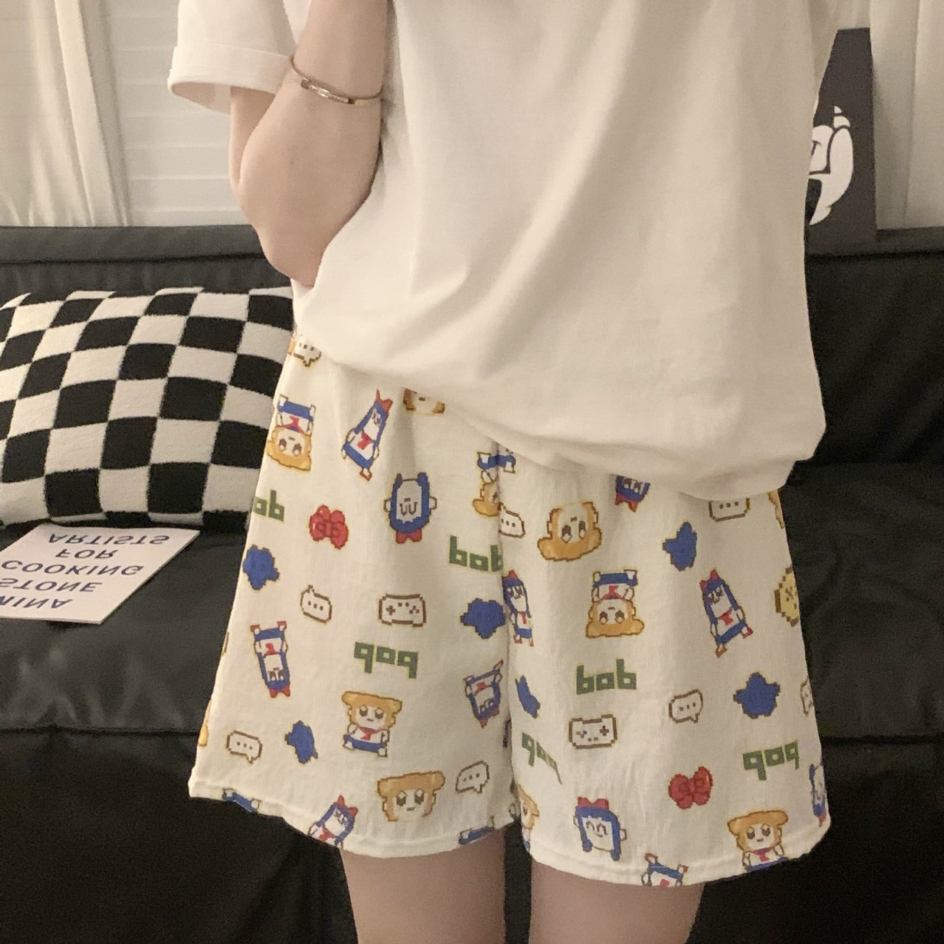 Summer Cartoon Stroll Sleep Shorts for Women, Casual Loose Shorts, Wearable Outdoors, New Pixel Style Stroll Shorts, Homewear