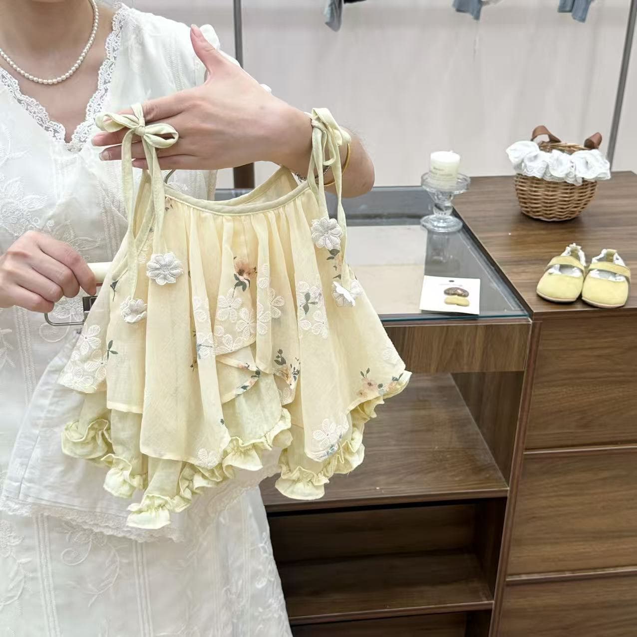 2026 new summer style forest fairy style suspender suit three-dimensional flower ruffle top and pants sweet two-piece set
