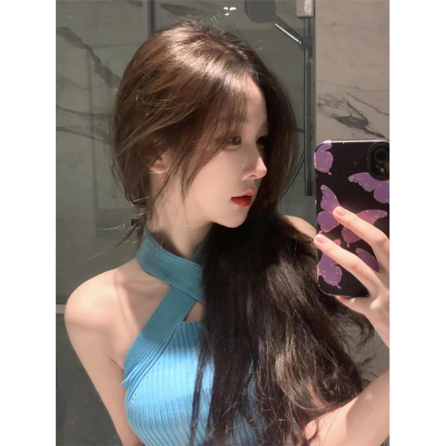 51STUDIO Custom Cross Neck Strap Camisole Top Women's Inner Layering Design Autumn Sexy Off-Shoulder Blue Blouse